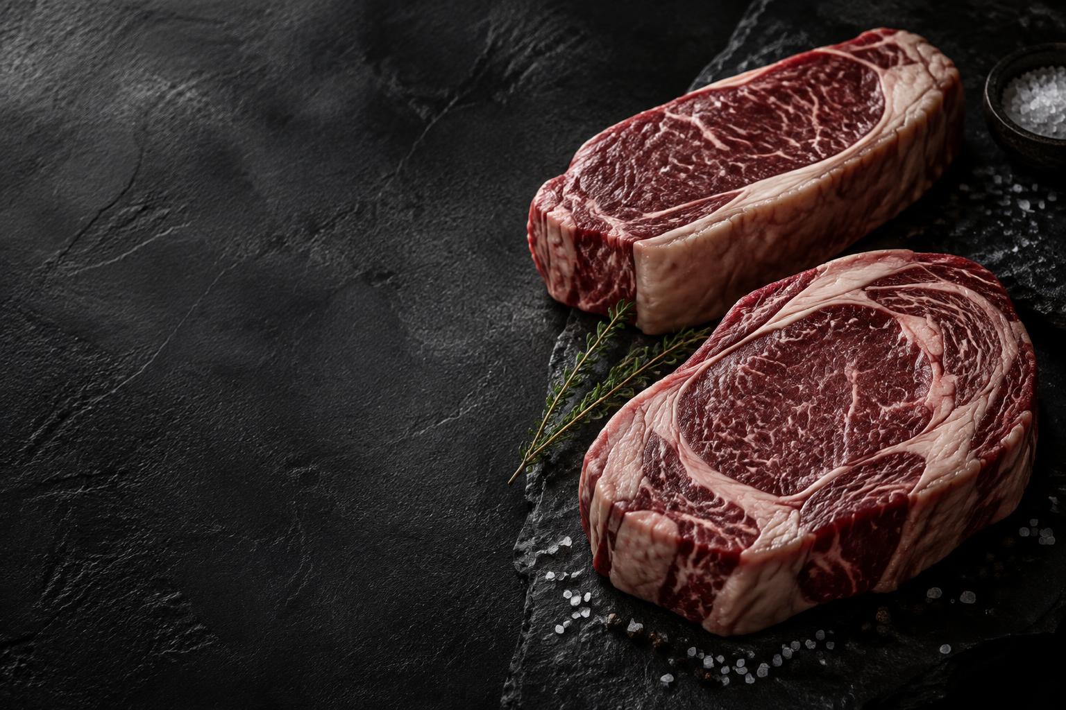 Fresh beef cuts arranged on dark slate